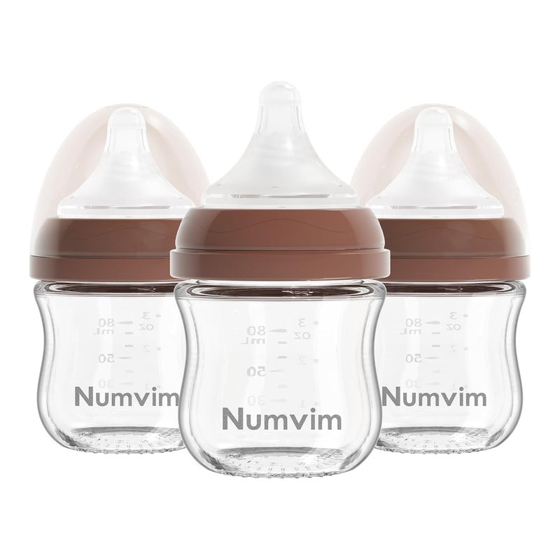 NUVIMI Natural Glass Baby Bottles Gentle & Extra Slow Flow, Newborn Breastfeeding Bottle with Anti Colic Nipple for 0 Months Babies, 3 Packs (Brown (3 Ounce), 1 Count (Pack of 3)) - Image 1
